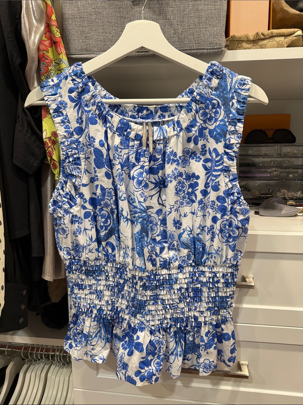 Anthropologie Blue and White Floral Smocked Tank Top